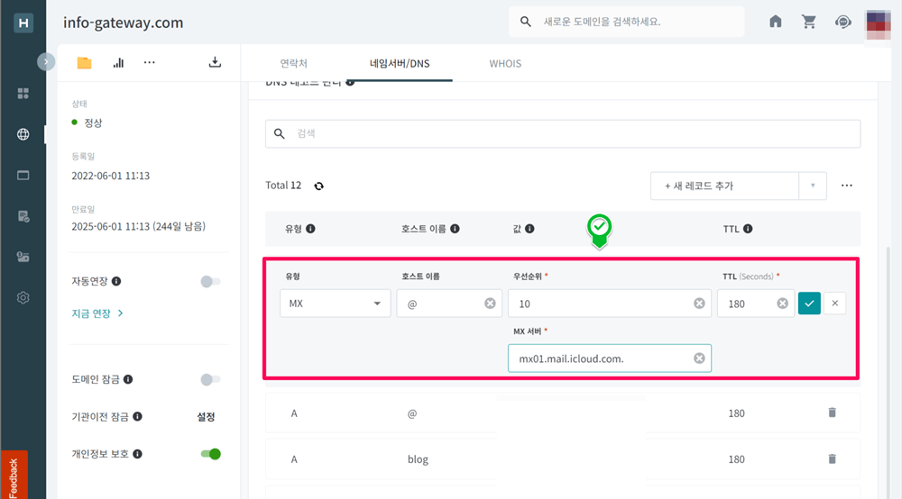 도메인 DNS 레코드 설정 추가