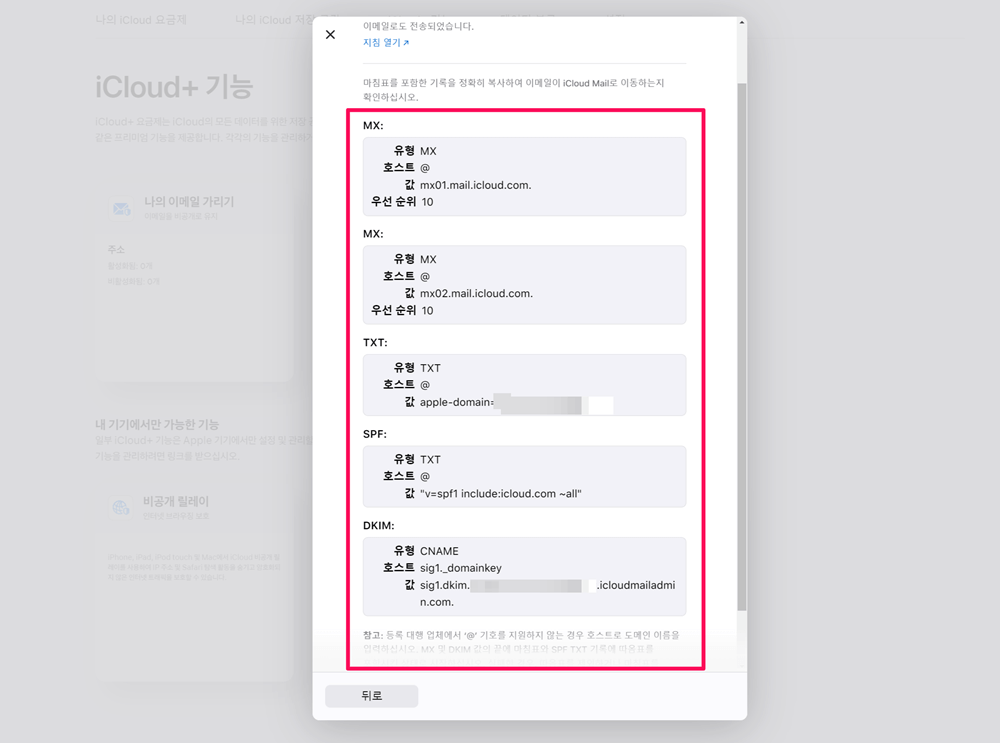 아이클라우드 DNS 레코드 설정값